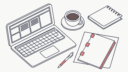 Laptop, coffee, and notebook on a desk