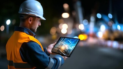 Defocused engineer in safety gear with sharp focused AR tablet displaying holographic pipeline overlay, with copy space - Powered by Adobe