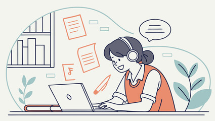 Girl learning online with laptop, headphones, and floating documents