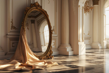 Classic french baroque backdrop, luxurious room with antique gold ornate mirror and flowing silk fabric in elegant sunlit setting