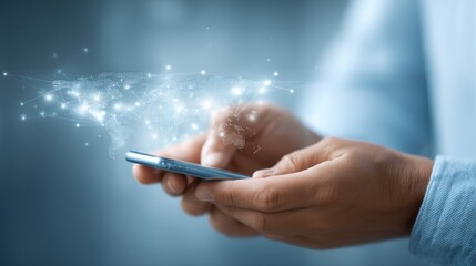 A man effortlessly completes a secure online payment on his smartphone. The background features a subtle digital landscape, enhancing the technological vibe