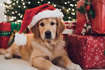 A Golden Retriever dog celebrates Christmas wearing a Santa hat while surrounded by festive gifts near a Christmas tree.