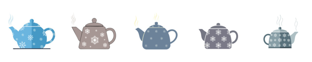 Snowflake Teapot Collection Set Flat Vector Illustration Minimalist Winter Drink
