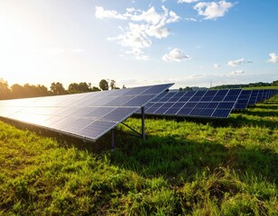 Solar Panels Arrayed in a Green Field Under a Sunny Blue Sky