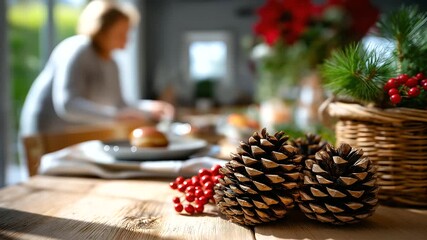Close-up of pine cones and holly berries in focus, while a blurred figure arranges decorations on the table behind, natural light, with copy space. - Powered by Adobe