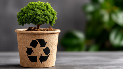 Recycling concept with green plant growing out of a paper pot