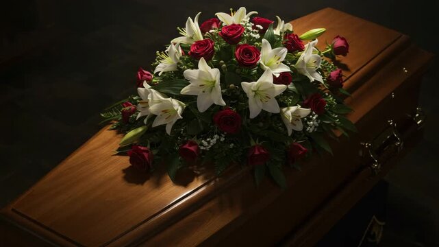 Funeral flowers arranged on wooden casket, memorial service, burial ceremony funeral, sympathy tribute, condolence arrangement, bereavement display, mourning ritual, cemetery funeral preparation