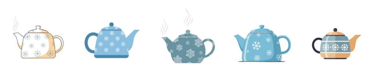 Winter Teapot Snowflake Pattern Flat Vector Illustration Minimalist Collection Set