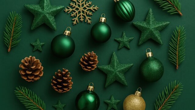 Festive green Christmas decorations arranged.