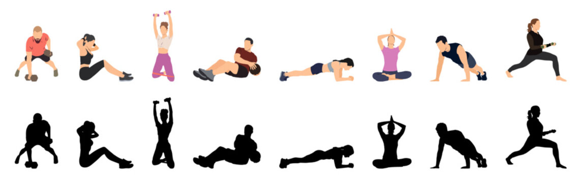 People engaging in diverse physical activities and exercises with silhouette vector illustration.