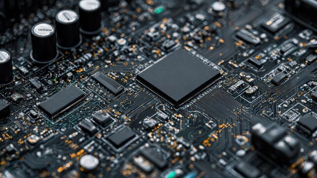 Detailed close-up view of complex electronic circuit board and processor