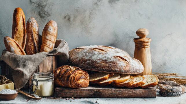 Artisan Bread Assortment on Rustic Background Displaying Culinary Delights