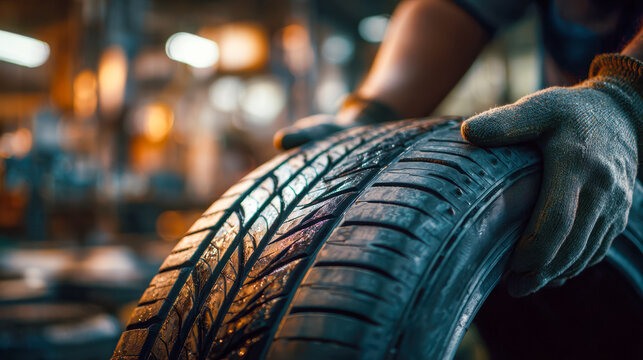 Worker wearing gloves handling a car tire in a tire repair shop with a blurred background of warm workshop lighting and tools