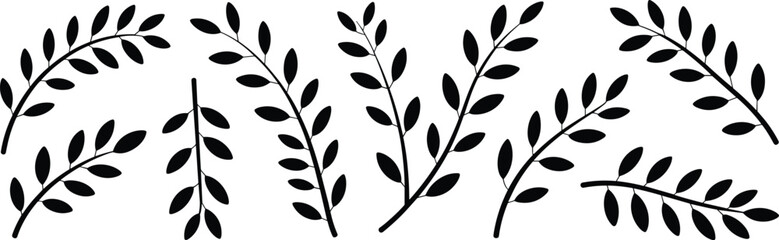 Leafy branch silhouettes, black botanical icons, nature foliage design, vector plant shapes, decorative elements, elegant leaves, graphic illustration set