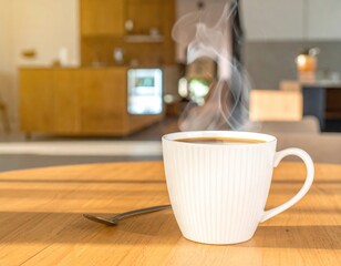 Steaming Coffee Cup on Wooden Table with Spoon and Kitchen Background