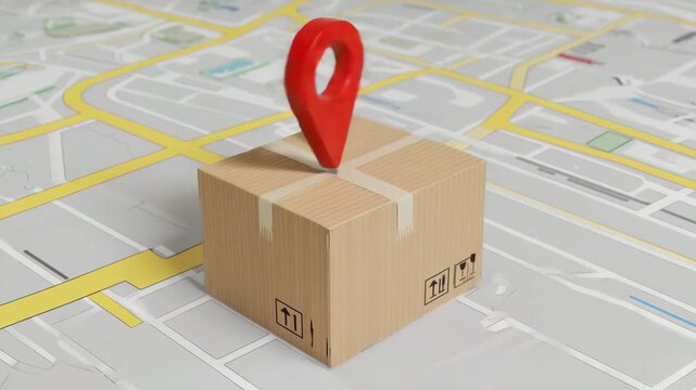 3D Delivery Package with Red Location Pin on City Map Concept