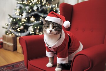 A Festive Feline Friend: Adorable Cat Dressed as Santa Claus Ready for Christmas Celebration.