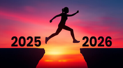Silhouette of a woman leaping from 2025 to 2026 during sunrise, symbolizing motivation, new year goals, progress, and success.