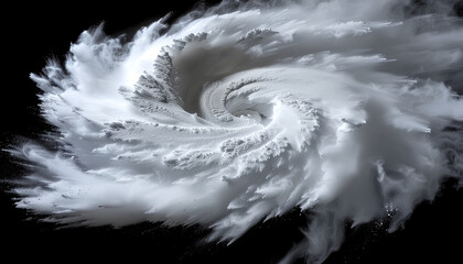 Swirling white powder cloud against a black background.