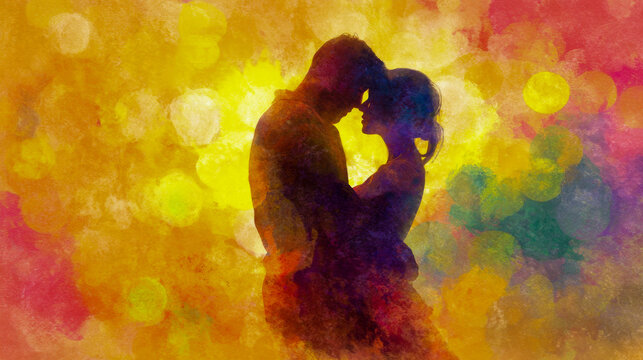 Romantic silhouette of a couple embracing tenderly against a vibrant colorful abstract background with warm glowing light effects and soft bokeh shapes - Powered by Adobe