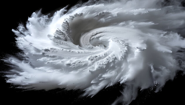 Swirling white powder cloud against a black background.