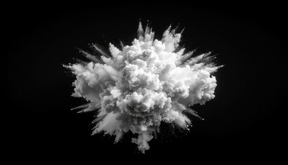 Monochrome explosion of powder against a black background.