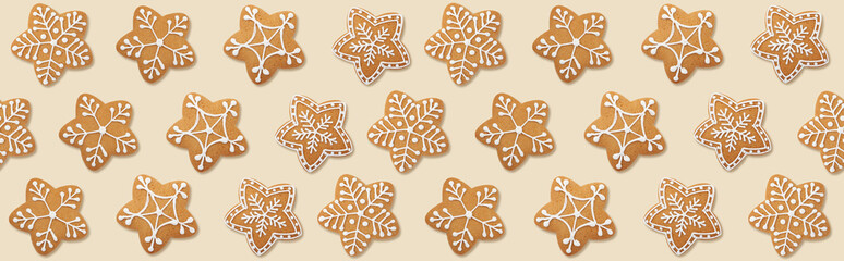 Christmas cookies on beige background, top view. Pattern design