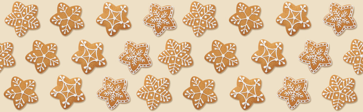 Christmas cookies on beige background, top view. Pattern design