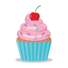 Cupcake with pink cream and cherry on the top . Vector illustration isolated on a white background.