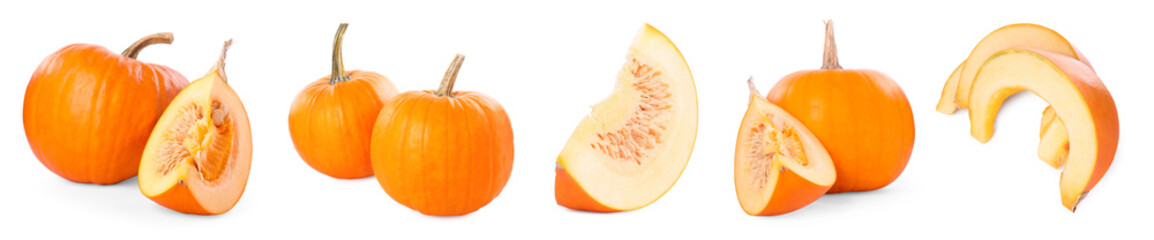 Fresh ripe pumpkins isolated on white, collage. Whole and cut