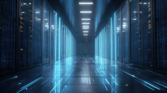 A sleek, futuristic hallway in a modern data center illuminated by bright blue lights. The reflective floor enhances the tech atmosphere.