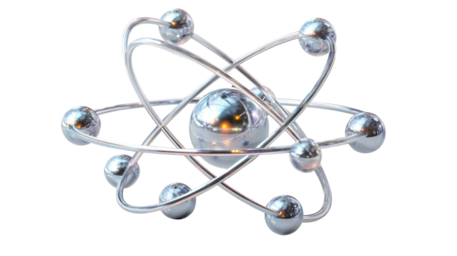 3D atom model with colorful electrons and nucleus structure isolated on white background for scientific and educational projects