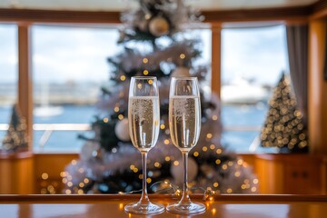 Two Champagne Flutes Capture a Festive Christmas Scene with Sparkling Tree and Scenic Waterfront View
