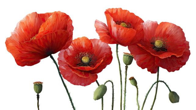Bright red poppy flower with delicate petals and natural texture, close-up of fresh bloom isolated on white background