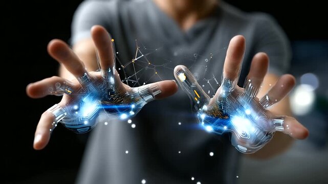 Anonymous hands reaching toward holograms with defocused body and clear virtual engineering parts visible, with copy space