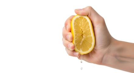 Close up of a hand squeezing a fresh lemon isolated on transparent background to extract its juice