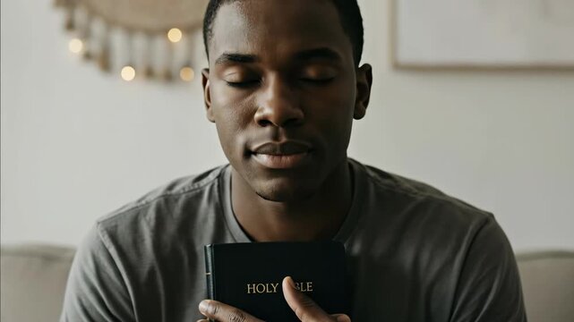 African american man holding Holy Bible with closed eyes in prayer sequence, then looking at camera, for Christian faith concept.