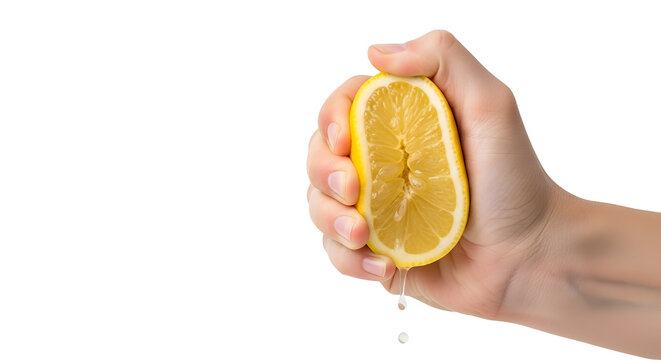 Close up of a hand squeezing a fresh lemon isolated on transparent background to extract its juice