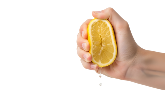 Close up of a hand squeezing a fresh lemon isolated on transparent background to extract its juice