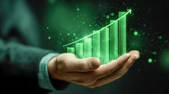 Businessman's hand holding a glowing green holographic bar chart with ascending growth arrow symbolizing financial success and positive market trends in technology enviro