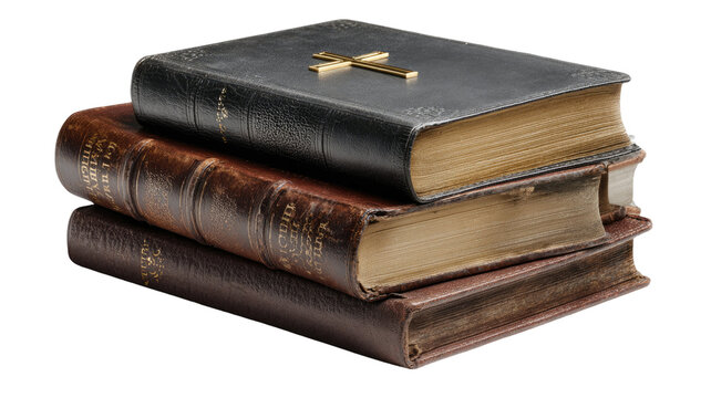 Stack of old vintage books arranged in pile showing aged covers and worn pages isolated on white background - Powered by Adobe