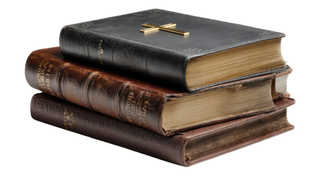 Stack of old vintage books arranged in pile showing aged covers and worn pages isolated on white background