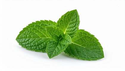 "Mint sprig with vibrant green leaves on clean white background, crisp texture and natural symmetry"