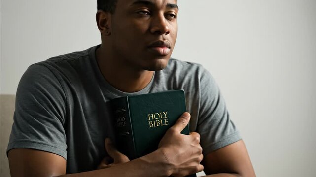 African american man embracing holy bible, showing reverence and seeking spiritual guidance in Christian faith.