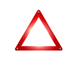 Red Triangular Warning Sign Isolated on Black Background with Metallic Texture and Silver Rivets