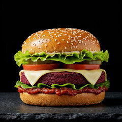 Juicy beet burger with fresh lettuce, tomato, and cheese, a delicious plant-based meal.