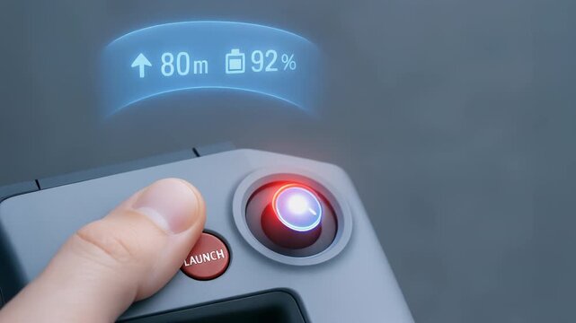 Futuristic joystick handheld controller with finger on red launch button HUD display navigation emergency technology battery