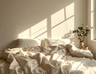 Sunlit Bedroom Interior with Crumpled Linen Bedding and Cotton Flower Arrangement
