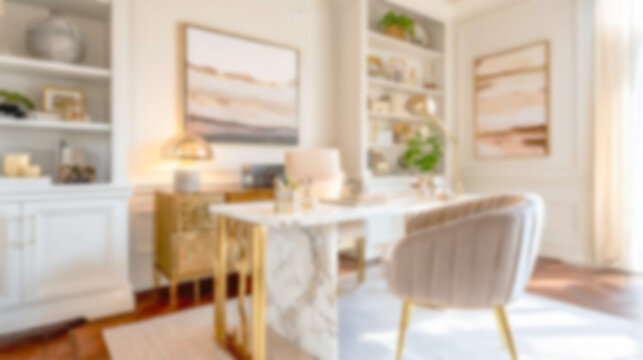Blurred modern home office interior with elegant minimalist decor, warm lighting, and neutral tones. Ideal as a luxury background for virtual meetings, zoom, or website design.