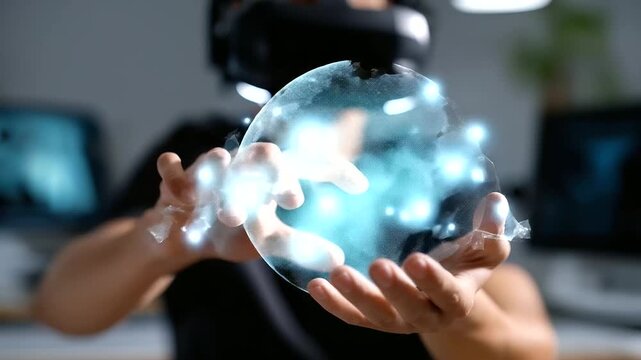 Close-up of hands manipulating virtual objects with defocused headset-wearing figure and sharp digital parts, with copy space